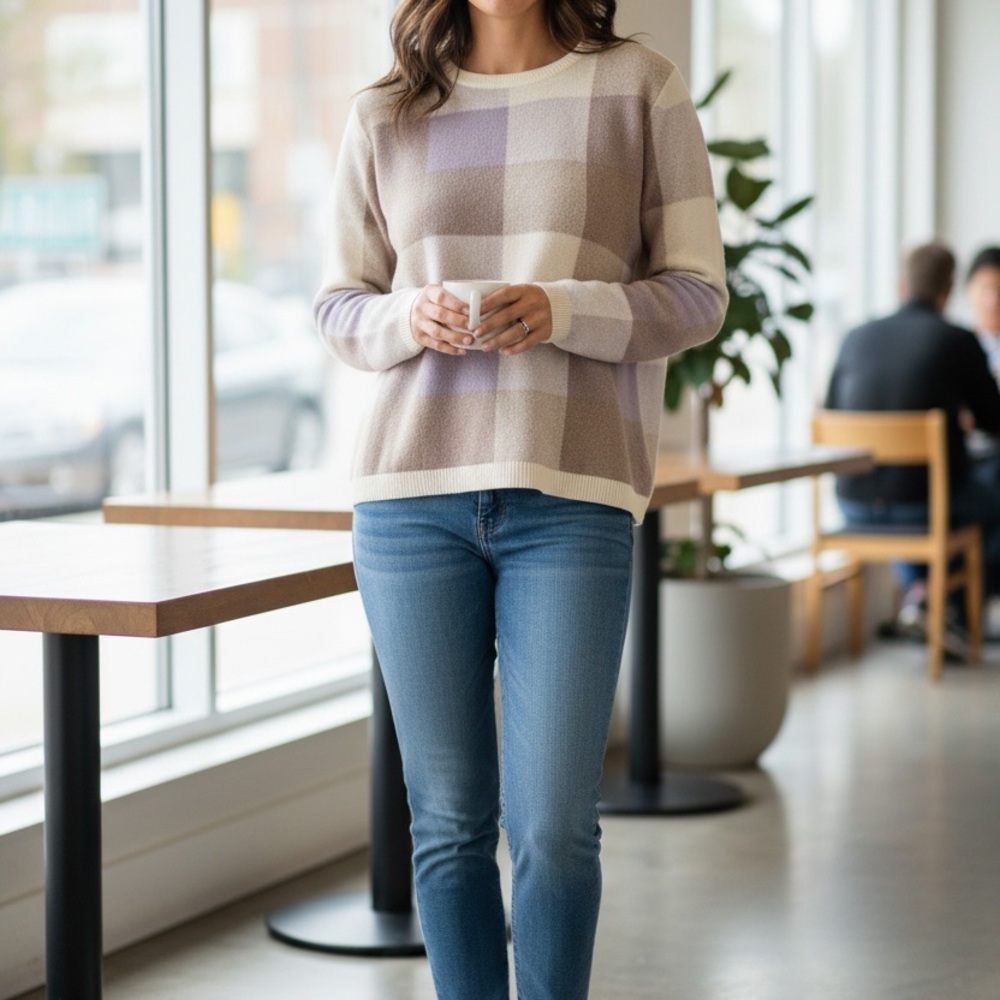 Tahari Plaid‎ Sweater - Cream and Purple